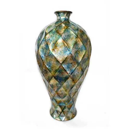 11" X 11" X 19.5" Green Gold Orange Ceramic Foiled and Lacquered Faceted Plum Vase