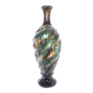 6.75" X 6.75" X 20" Turquoise Copper Bronze Ceramic Foiled and Lacquered Turned and Ridged Bud Vase