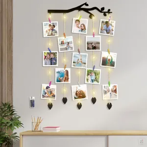 Art Street Branch Shape MDF Photo Frame Collage/Hanging Photo Frame Collage Mdf Plaque with LED Lights - Black - Size - 18.5 x 32 inchs