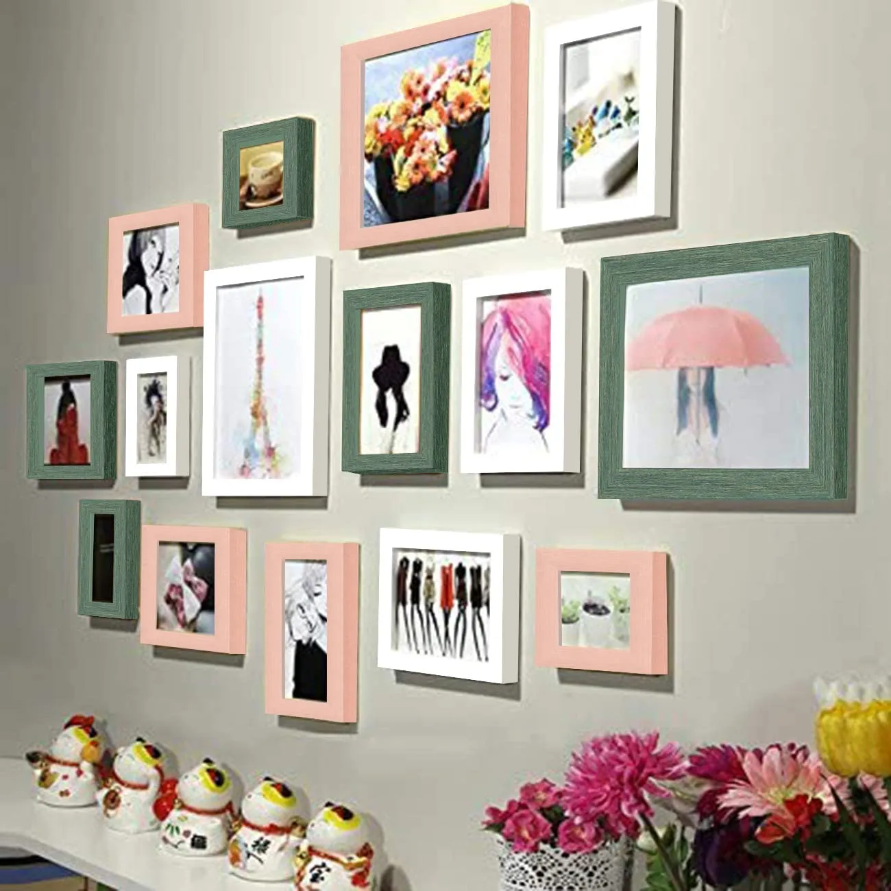 Art Street Wall Photo Frame collage for Home Decoration (White, Green, Pink - Set of 15)