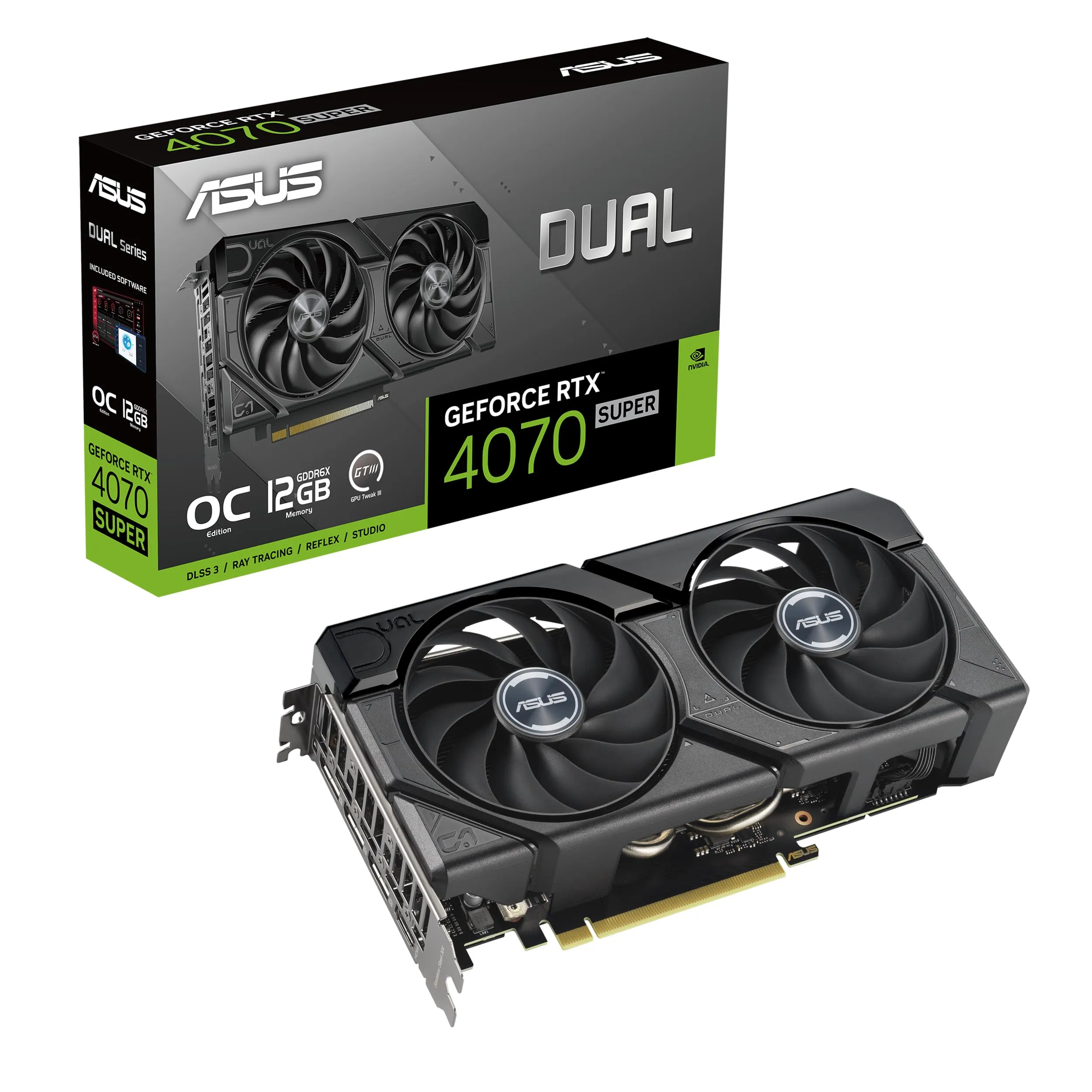 ASUS Dual GeForce RTX™ 4070 Super EVO OC Edition 12GB GDDR6X (PCIe 4.0, 12GB GDDR6X, DLSS 3, HDMI 2.1a, DisplayPort 1.4a, 2.5-Slot Design, Axial-tech Fan Design, 0dB Technology, and More)