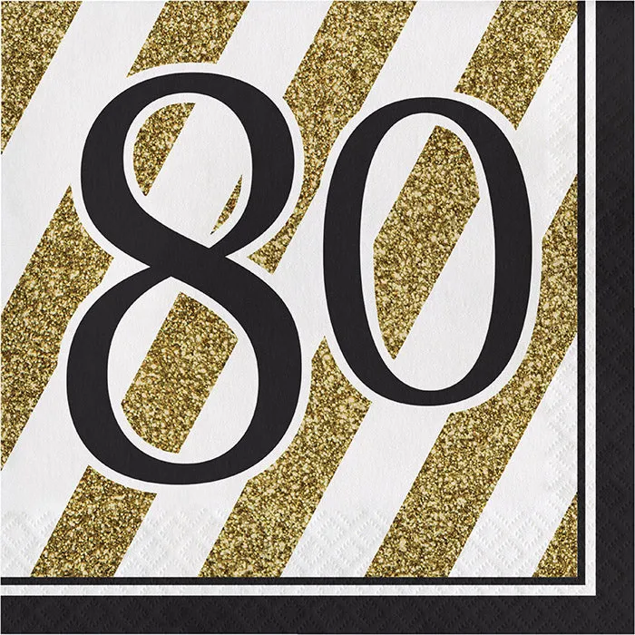 Black & Gold 80th Birthday Napkins (16/Pkg)