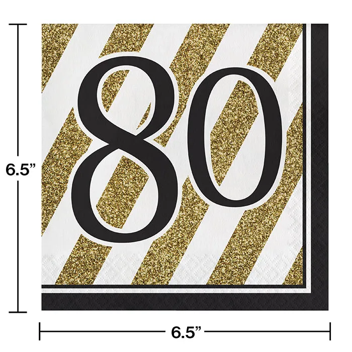 Black & Gold 80th Birthday Napkins (16/Pkg)