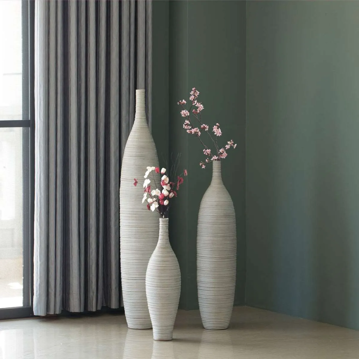 Decorative Bottle Shape Floor Vase Ribbed Design, White - Set of 3