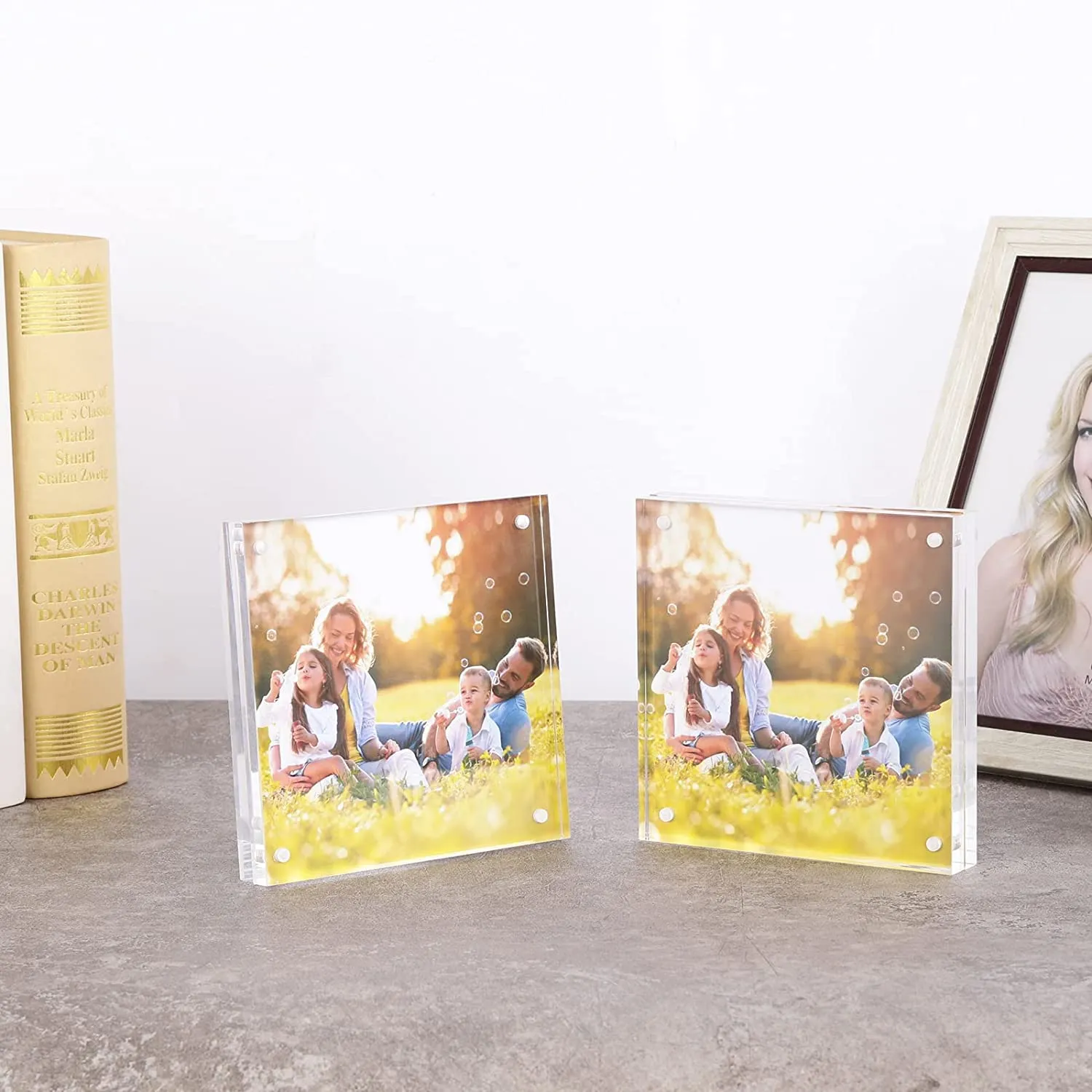 Ecomology (Pack of 2) 4 Inch X4 Inch Clear Transparent Acrylic Picture Frame | Magnetic Picture Frame | Desktop Photo Frame With Magnet, Double Sided Block Set, Frameless Magnetic Photo Frame