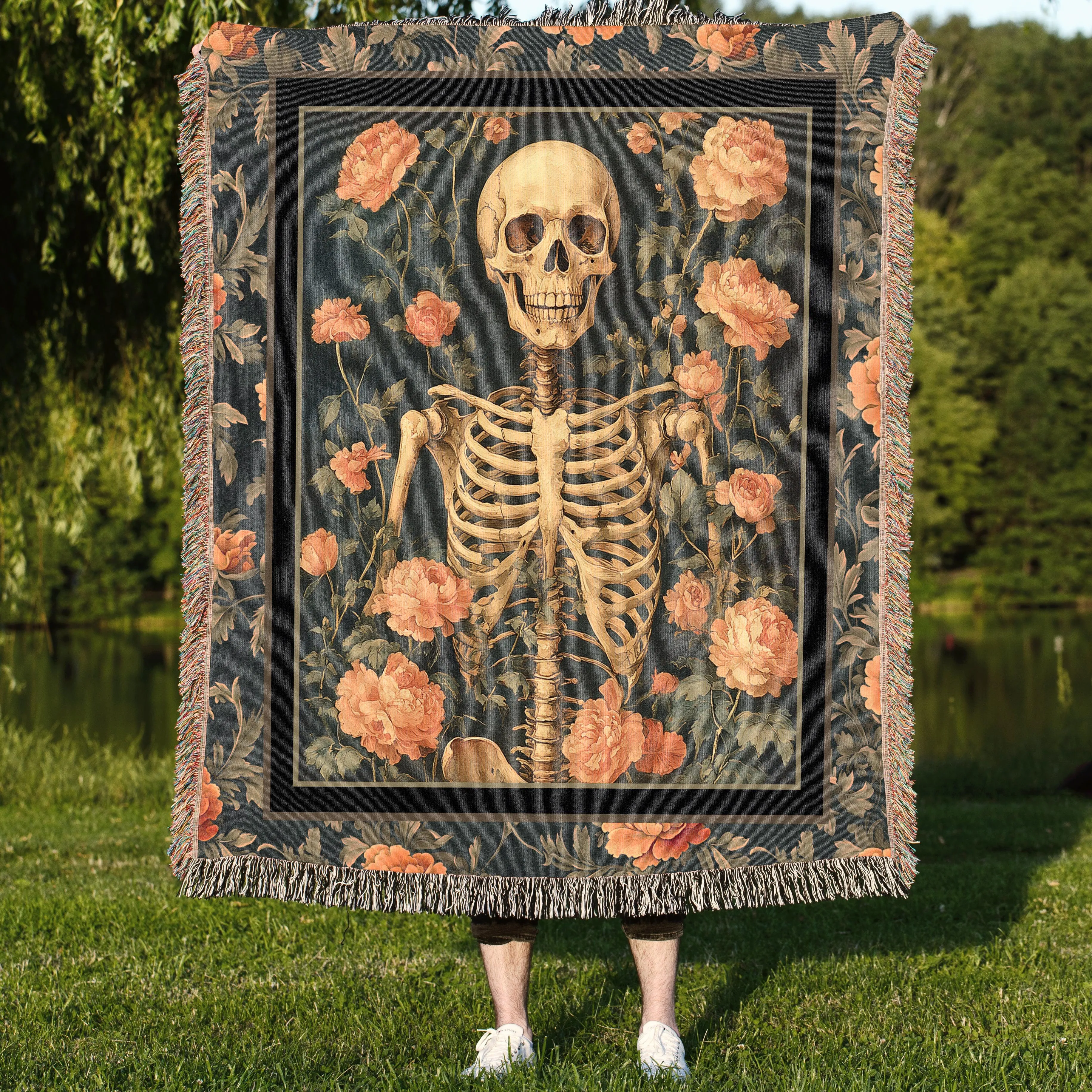 Floral Halloween Skeleton 50" x 60" Gift Woven Jacquard Blanket