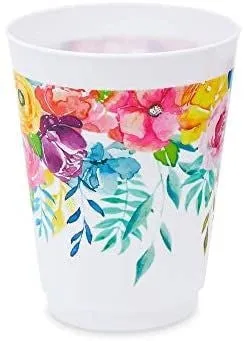 Floral Tumbler Cups, Birthday Party Supplies, Decorations (16 oz, 16 Pack)