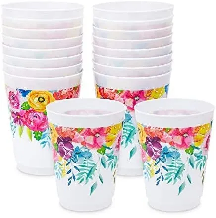 Floral Tumbler Cups, Birthday Party Supplies, Decorations (16 oz, 16 Pack)