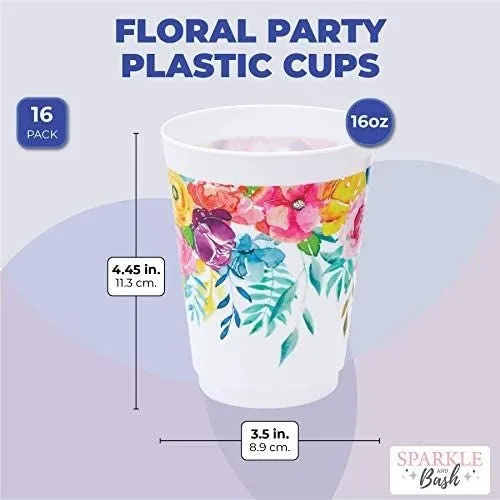 Floral Tumbler Cups, Birthday Party Supplies, Decorations (16 oz, 16 Pack)