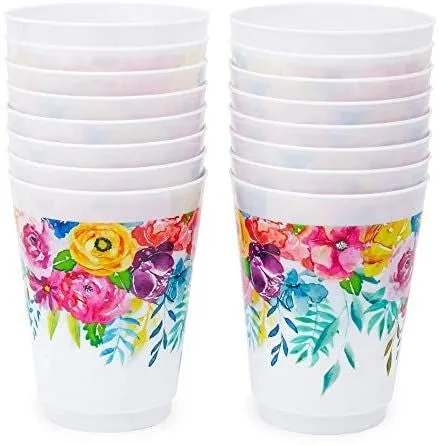 Floral Tumbler Cups, Birthday Party Supplies, Decorations (16 oz, 16 Pack)