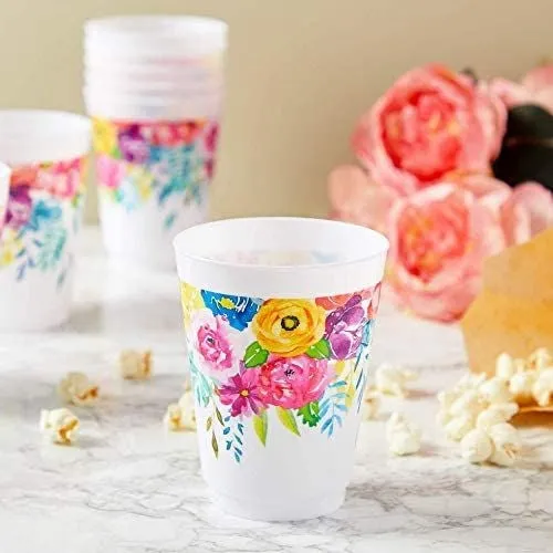 Floral Tumbler Cups, Birthday Party Supplies, Decorations (16 oz, 16 Pack)