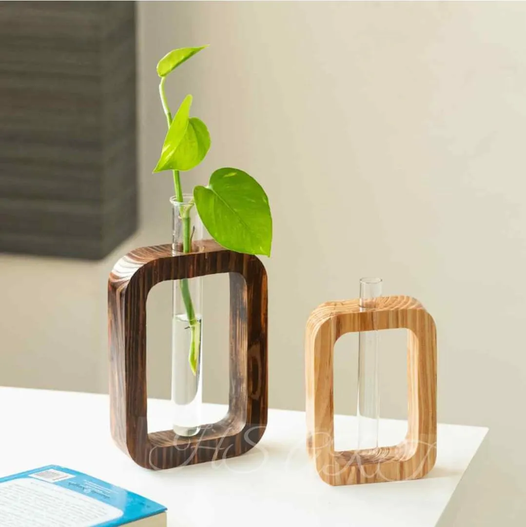 HS ART Wooden Table Flower Vase Propagation Decor Plant Holder Dining Table Flower Vase for Home Office Living Room (1)