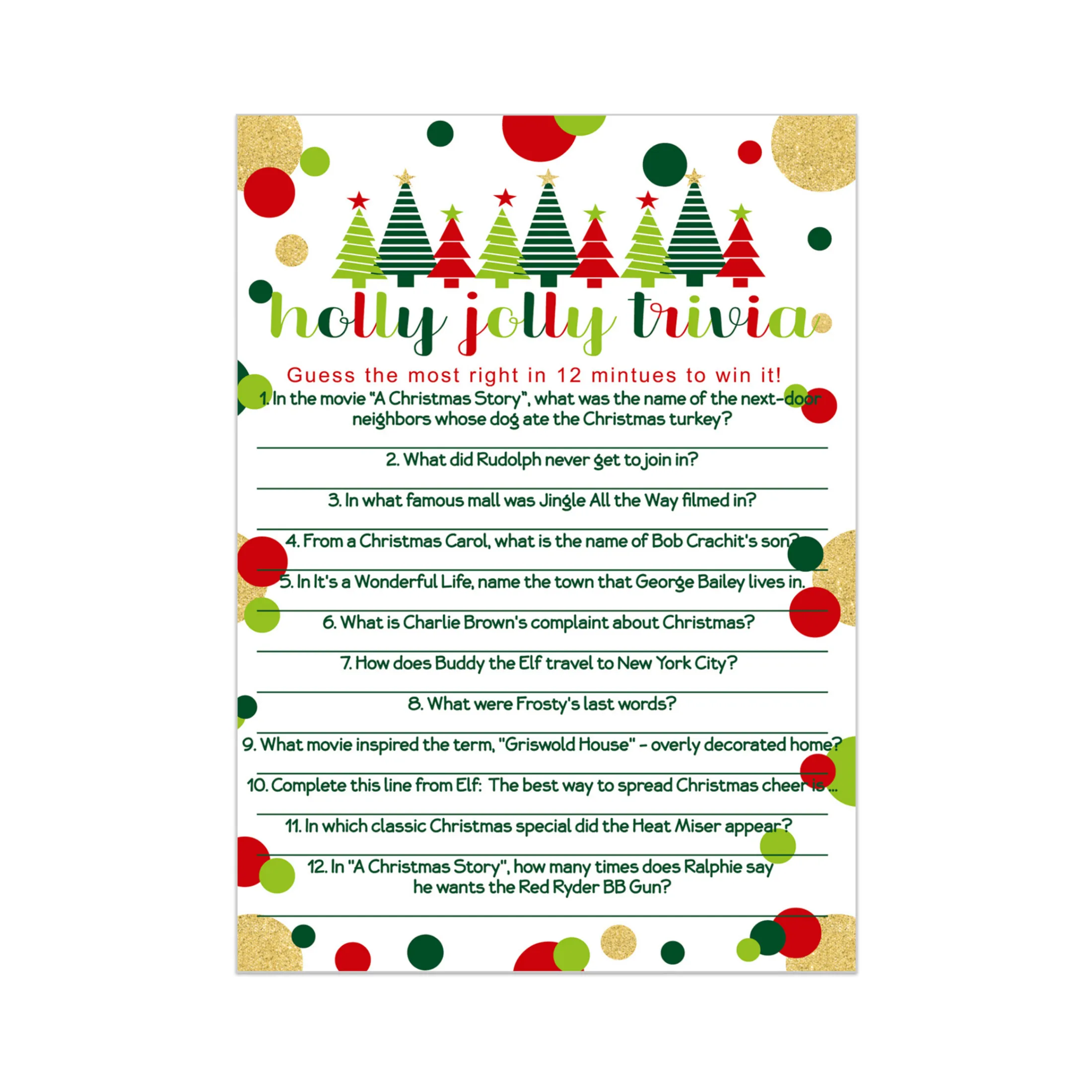 Jolly Trees Christmas Trivia Game Fun Party Activity with Holiday Movie and Song Questions for Adults, Office, Group, Thanksgiving, 25 Pack, 5x7 Cards, Version 3