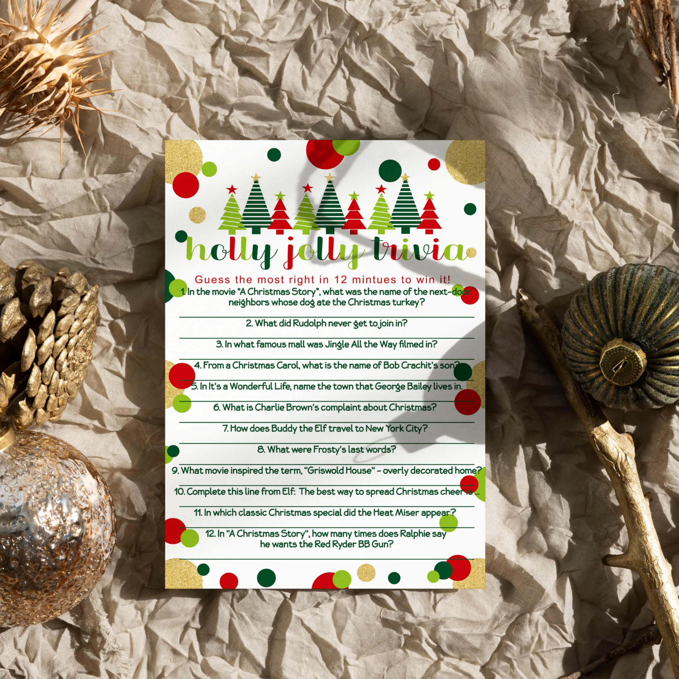 Jolly Trees Christmas Trivia Game Fun Party Activity with Holiday Movie and Song Questions for Adults, Office, Group, Thanksgiving, 25 Pack, 5x7 Cards, Version 3