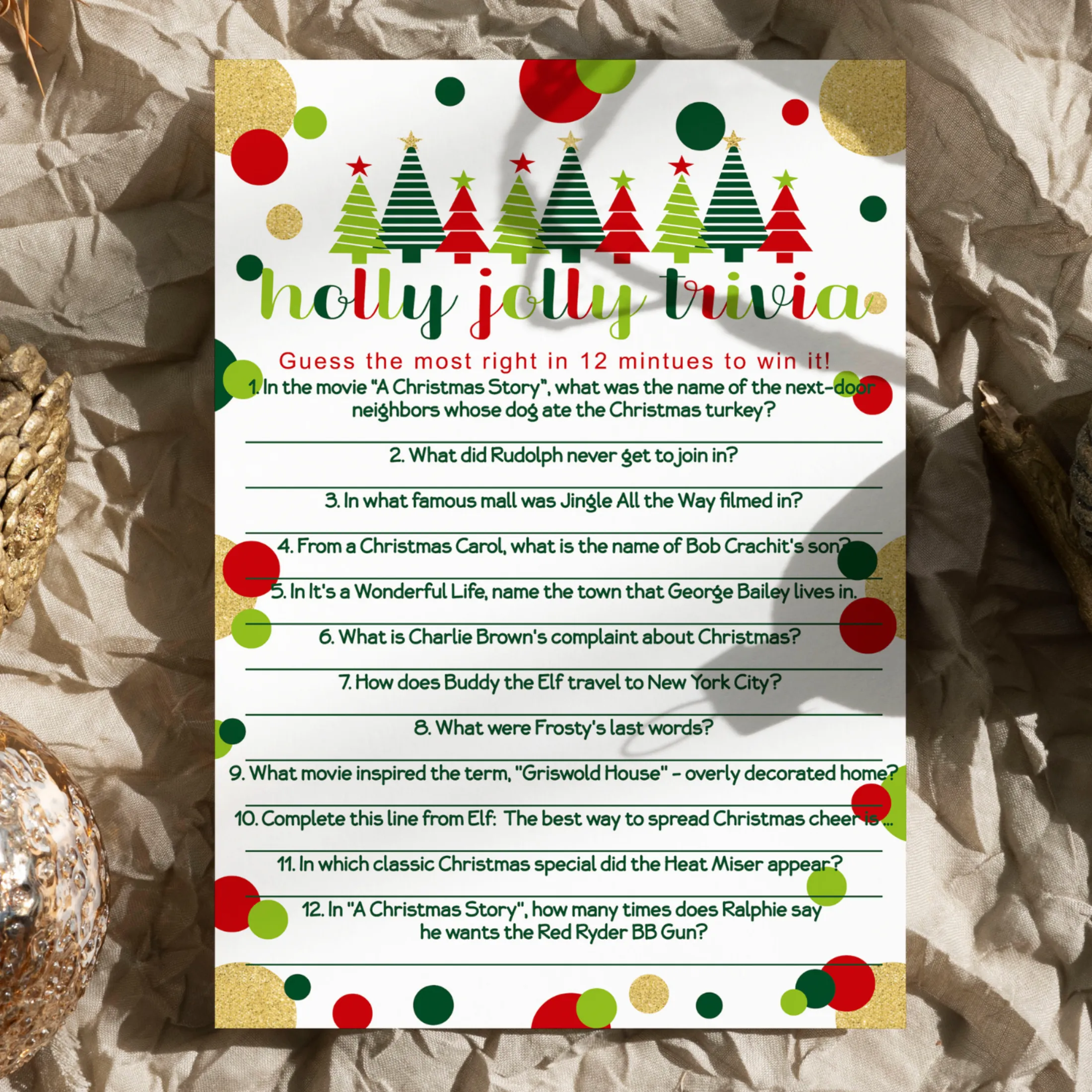 Jolly Trees Christmas Trivia Game Fun Party Activity with Holiday Movie and Song Questions for Adults, Office, Group, Thanksgiving, 25 Pack, 5x7 Cards, Version 3