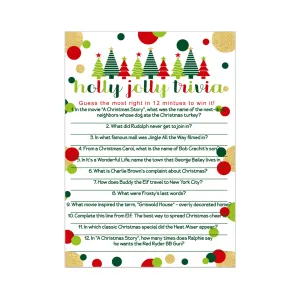 Jolly Trees Christmas Trivia Game Fun Party Activity with Holiday Movie and Song Questions for Adults, Office, Group, Thanksgiving, 25 Pack, 5x7 Cards, Version 3