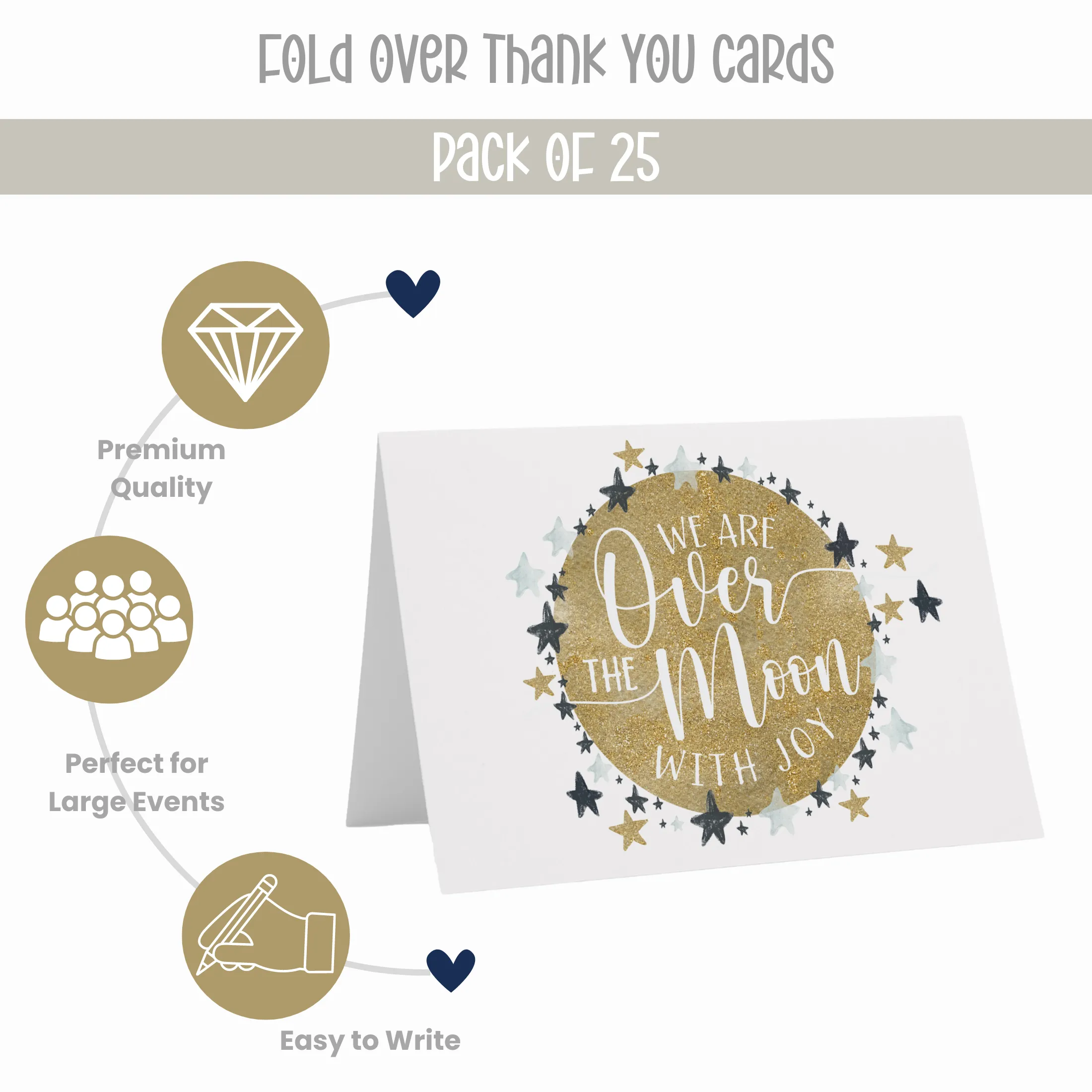 Joyful Moon Thank You Cards - 25 Folded Notecards for Expressing Happiness with Envelopes