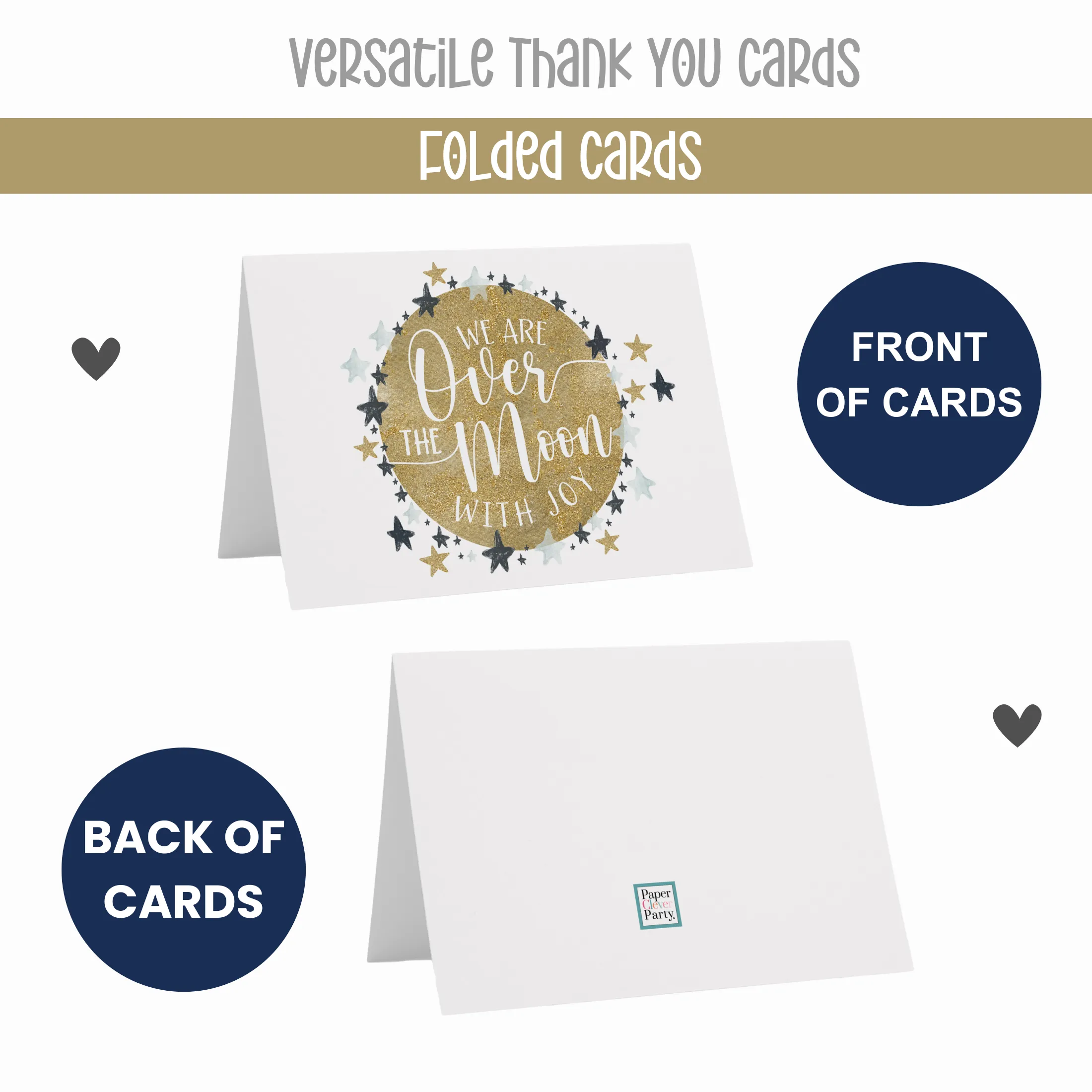 Joyful Moon Thank You Cards - 25 Folded Notecards for Expressing Happiness with Envelopes