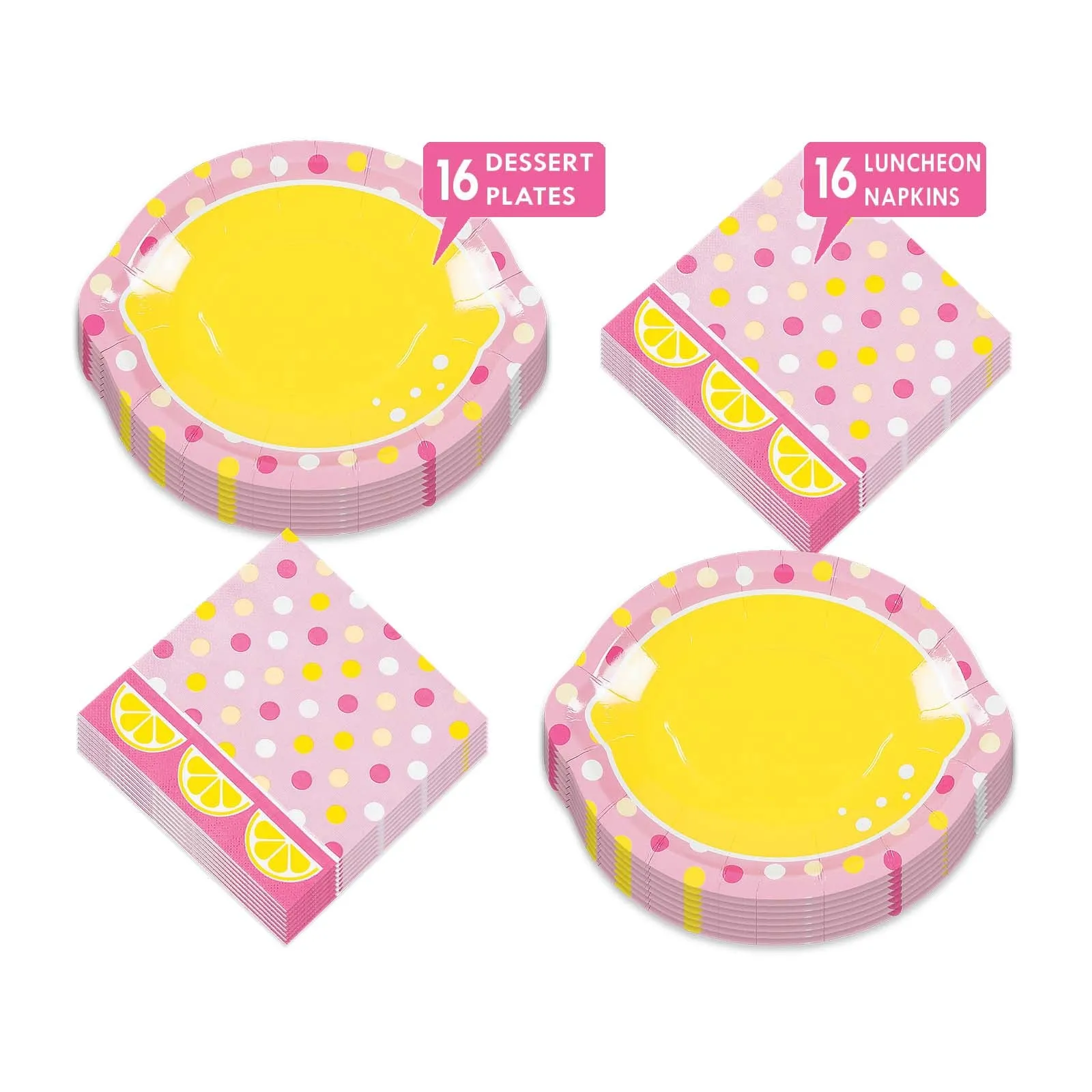 Lemon Party Supplies - Lemon Shaped Pink Lemonade Paper Dessert Plates and Luncheon Napkins (Serves 16)