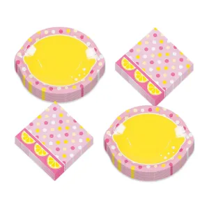 Lemon Party Supplies - Lemon Shaped Pink Lemonade Paper Dessert Plates and Luncheon Napkins (Serves 16)