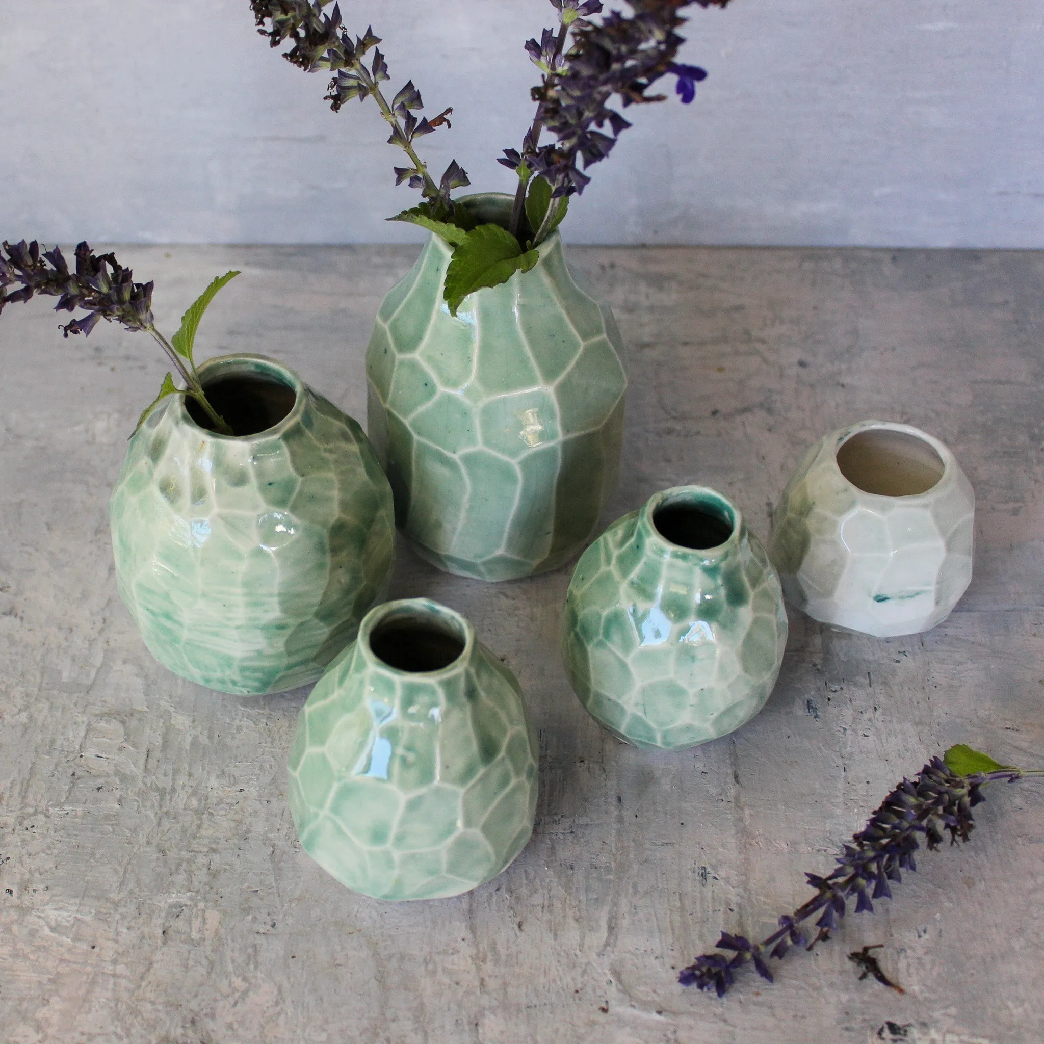 Little Faceted Green Vases