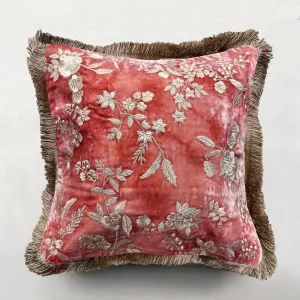 Liza Silk Velvet Embroidered Cushion in Shaded Rose with Beige Fringe