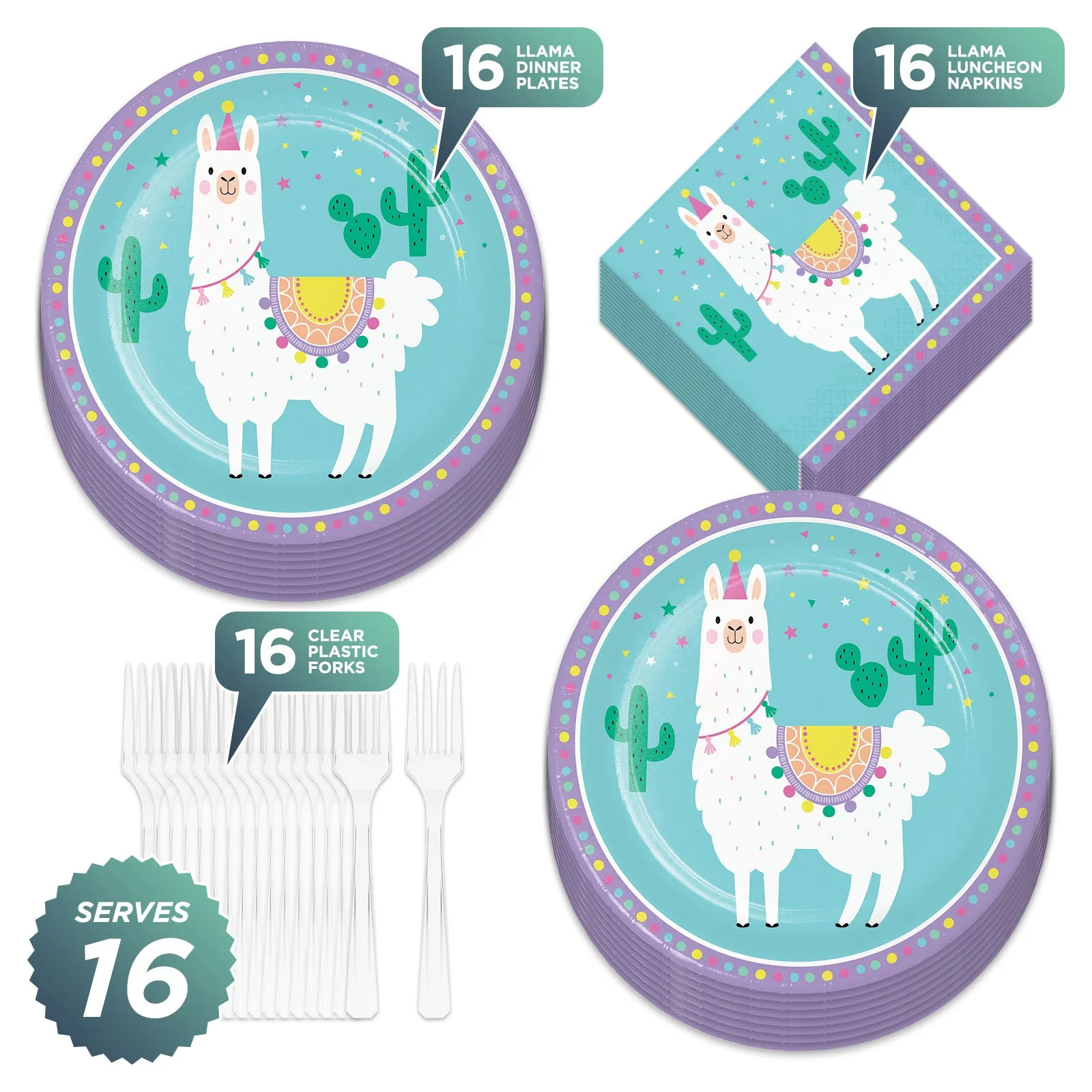 Llama Party Supplies - Birthday Llama Fiesta Paper Dinner Plates, Lunch Napkins, and Forks (Serves 16)