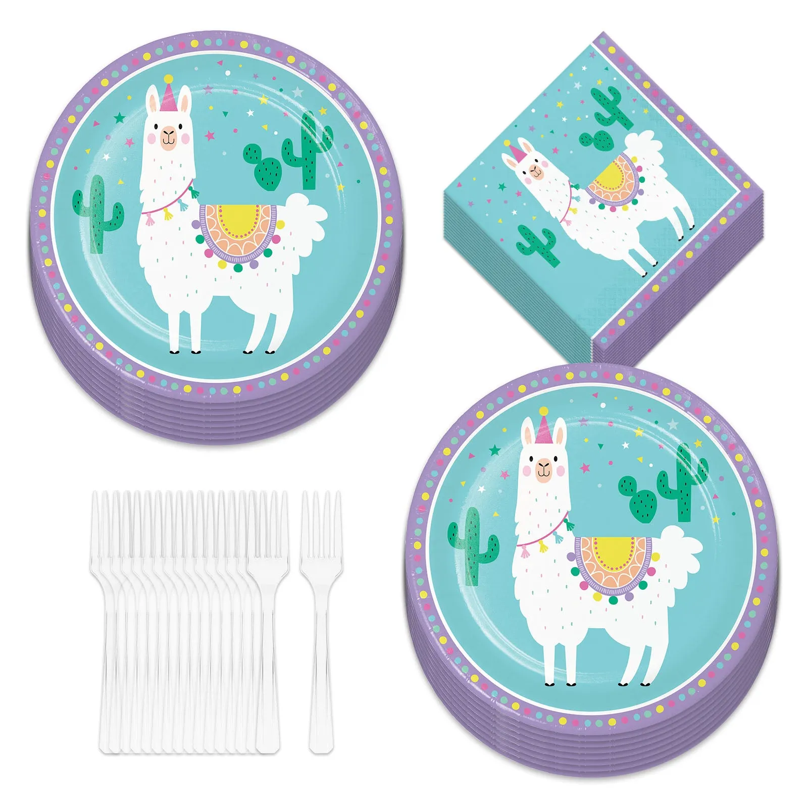 Llama Party Supplies - Birthday Llama Fiesta Paper Dinner Plates, Lunch Napkins, and Forks (Serves 16)