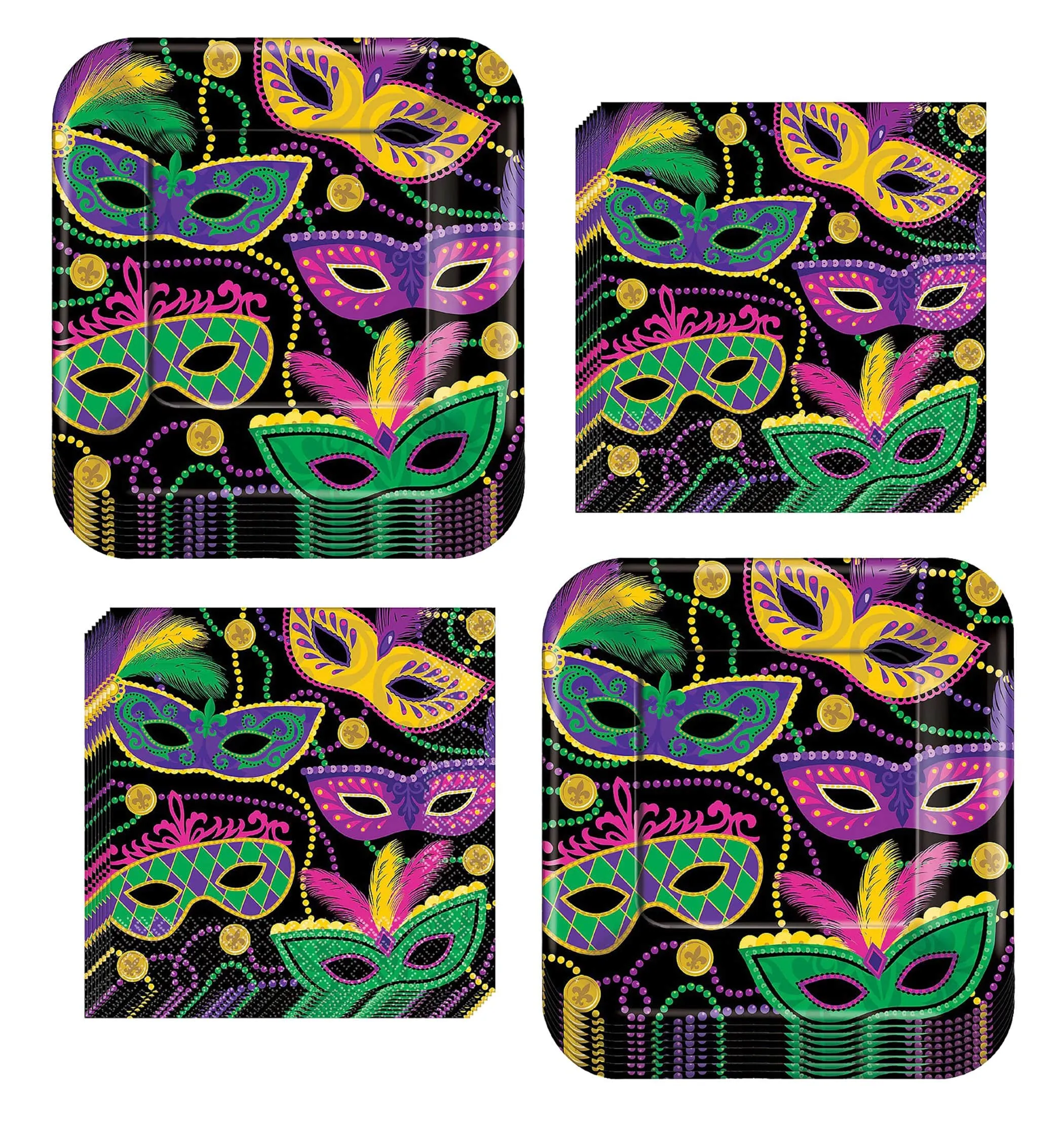 Mardi Gras Decorations - Metallic Maquerade Mask Paper Dinner Plates and Luncheon Napkins (Serves 16) (Masquerade Masks and Beads Paper Dessert Plates and Beverage Napkins)