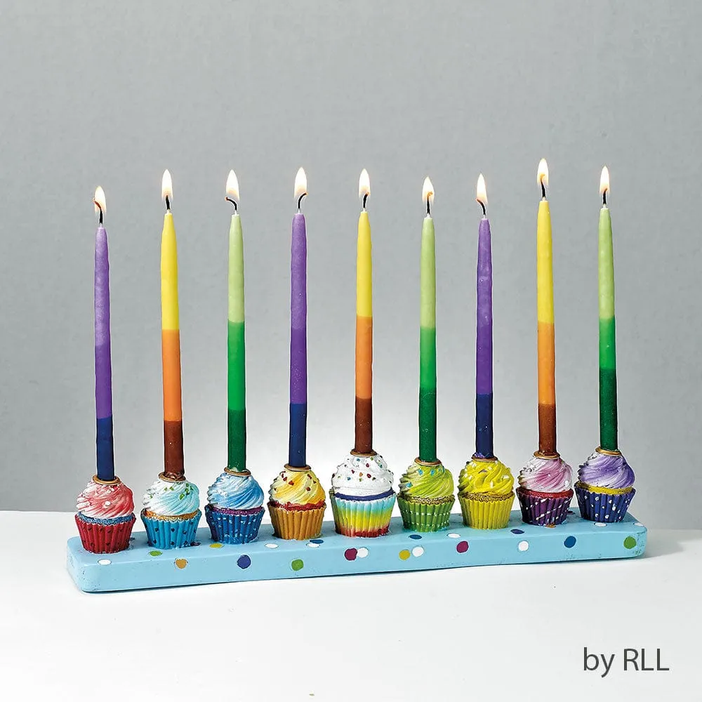 Menorah, "cupcakes", Hand-painted Resin 12"x2", Color Box