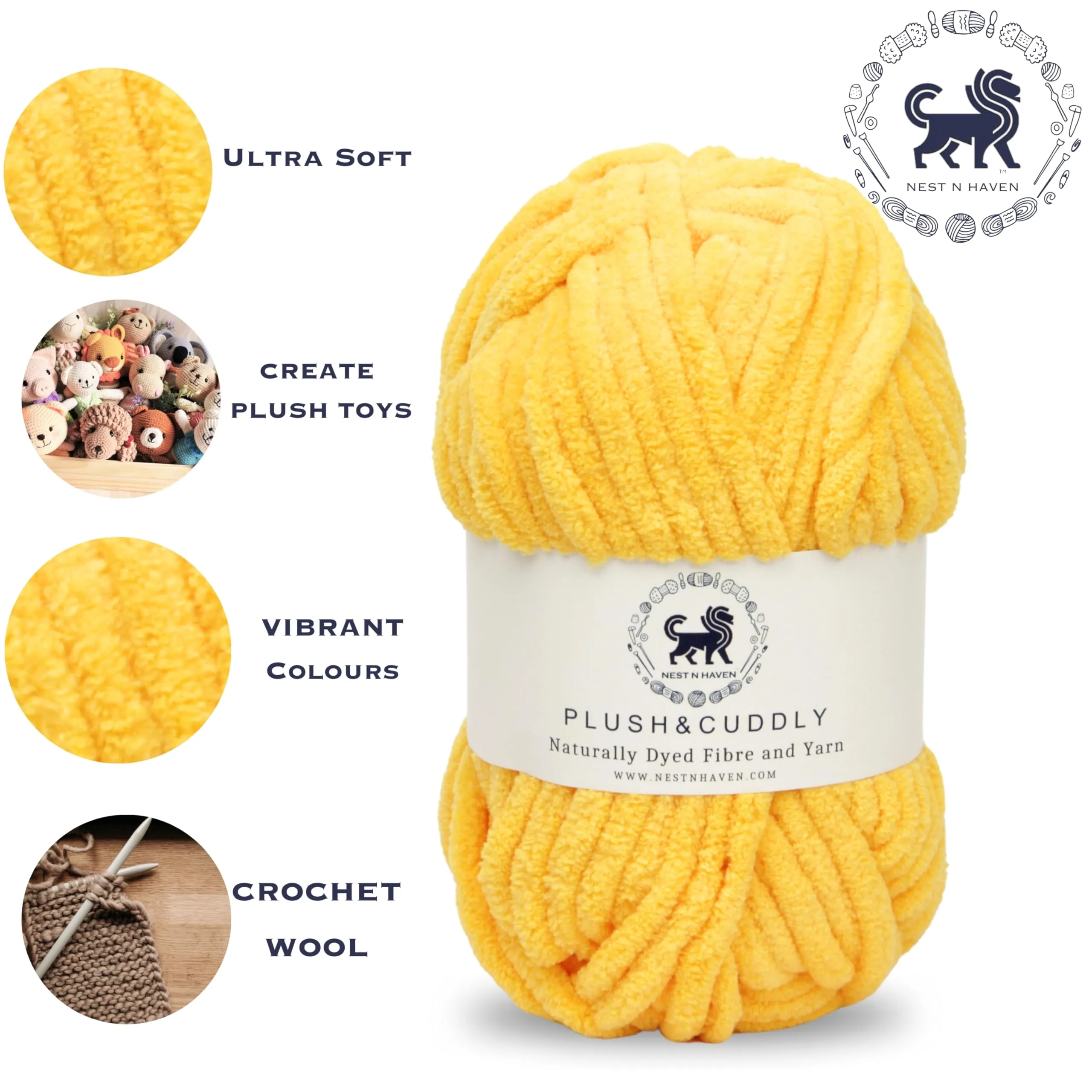 NESTNHAVEN, Wool, Plush & Cuddly, Chenille Yarn Supersoft Hand Knitting Wool Ball, (1 Ball/100 Gram Each) Ball Suitable for Craft, Babywear, Baby Blankets, 5 Bulky, Shade no - NNHB060 (Yellow)