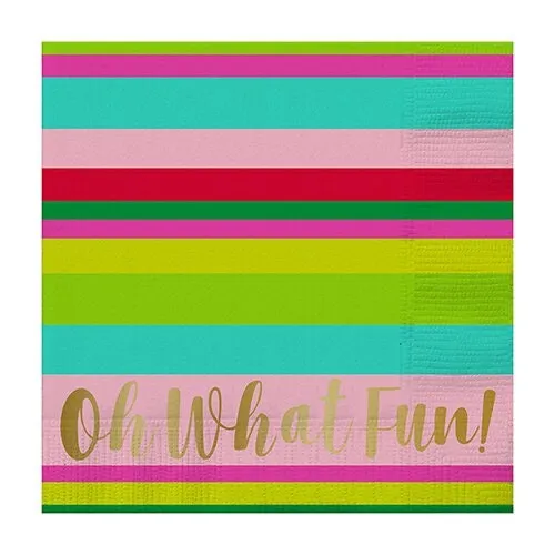 Oh What Fun Cocktail Napkins, Set of 20 Festive Gold Foil Christmas Napkins Topped with Rainbow Stripes