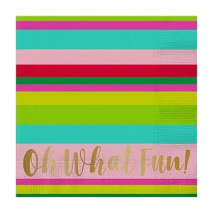 Oh What Fun Cocktail Napkins, Set of 20 Festive Gold Foil Christmas Napkins Topped with Rainbow Stripes