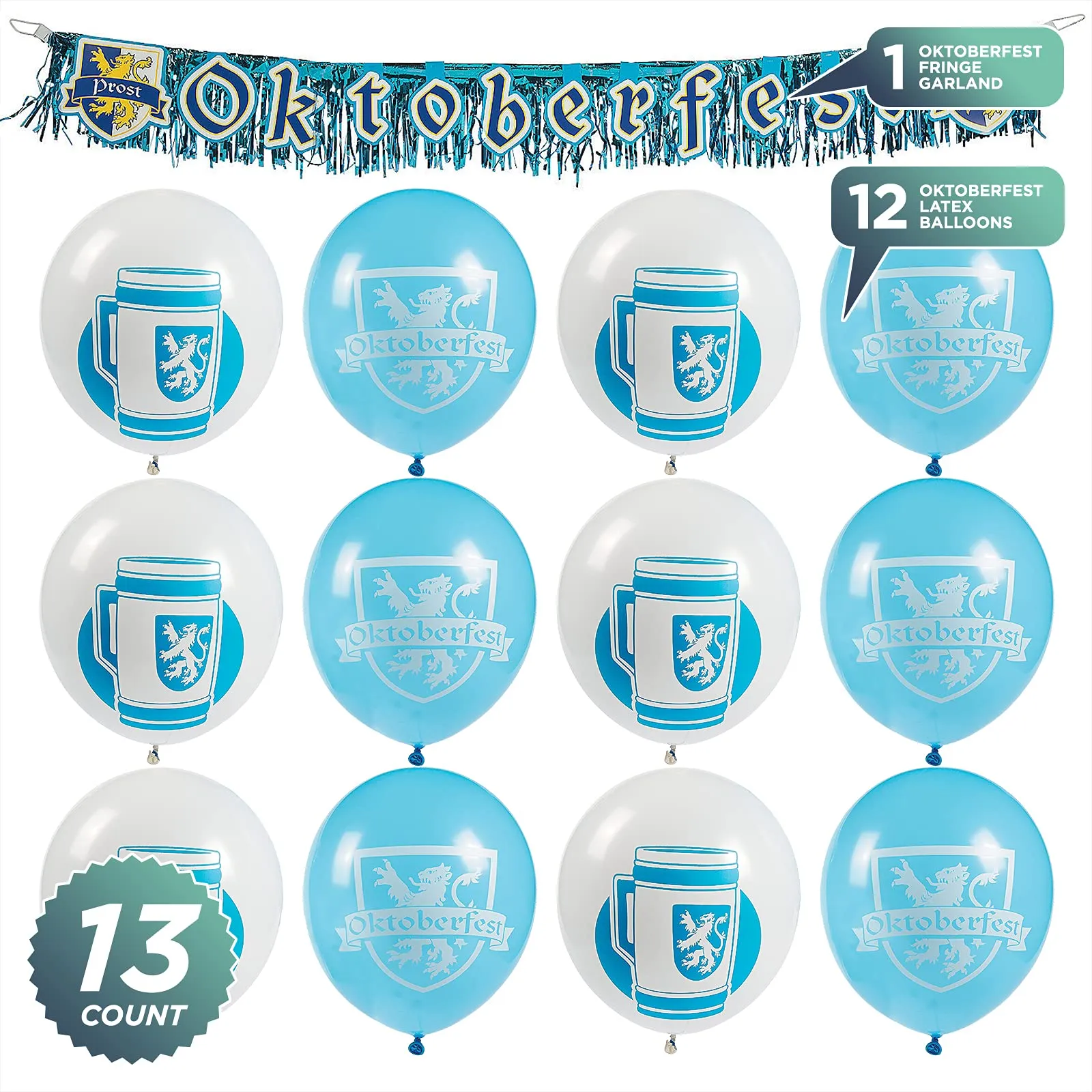 Oktoberfest Party Blue & White Latex Balloons and Foil Fringe Garland Set