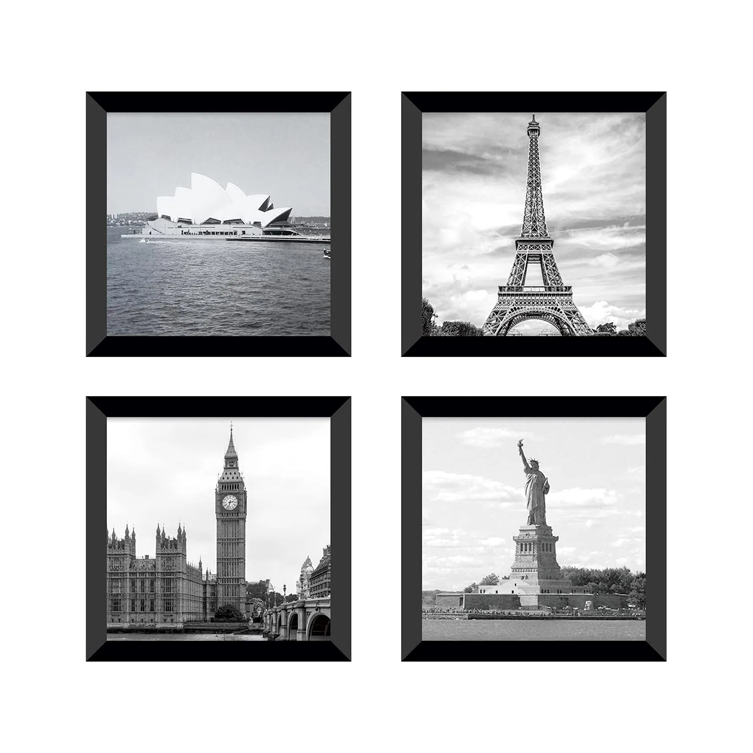 PAPER PLANE DESIGN Black and white wall art featuring iconic landmarks for living room, office, bedroom decor ((10"x 10"x 4 pcs Framed)