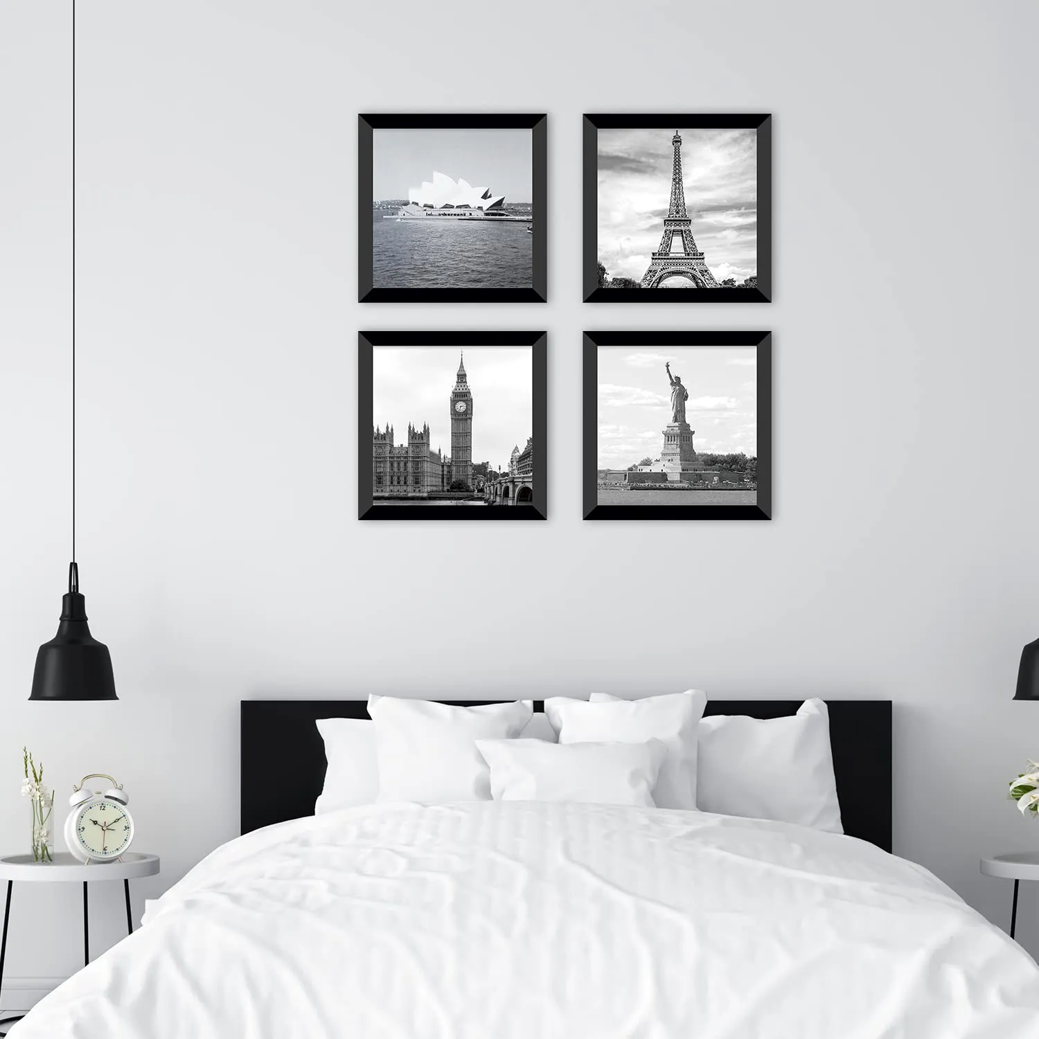 PAPER PLANE DESIGN Black and white wall art featuring iconic landmarks for living room, office, bedroom decor ((10"x 10"x 4 pcs Framed)