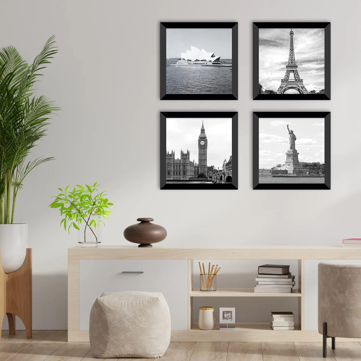 PAPER PLANE DESIGN Black and white wall art featuring iconic landmarks for living room, office, bedroom decor ((10"x 10"x 4 pcs Framed)