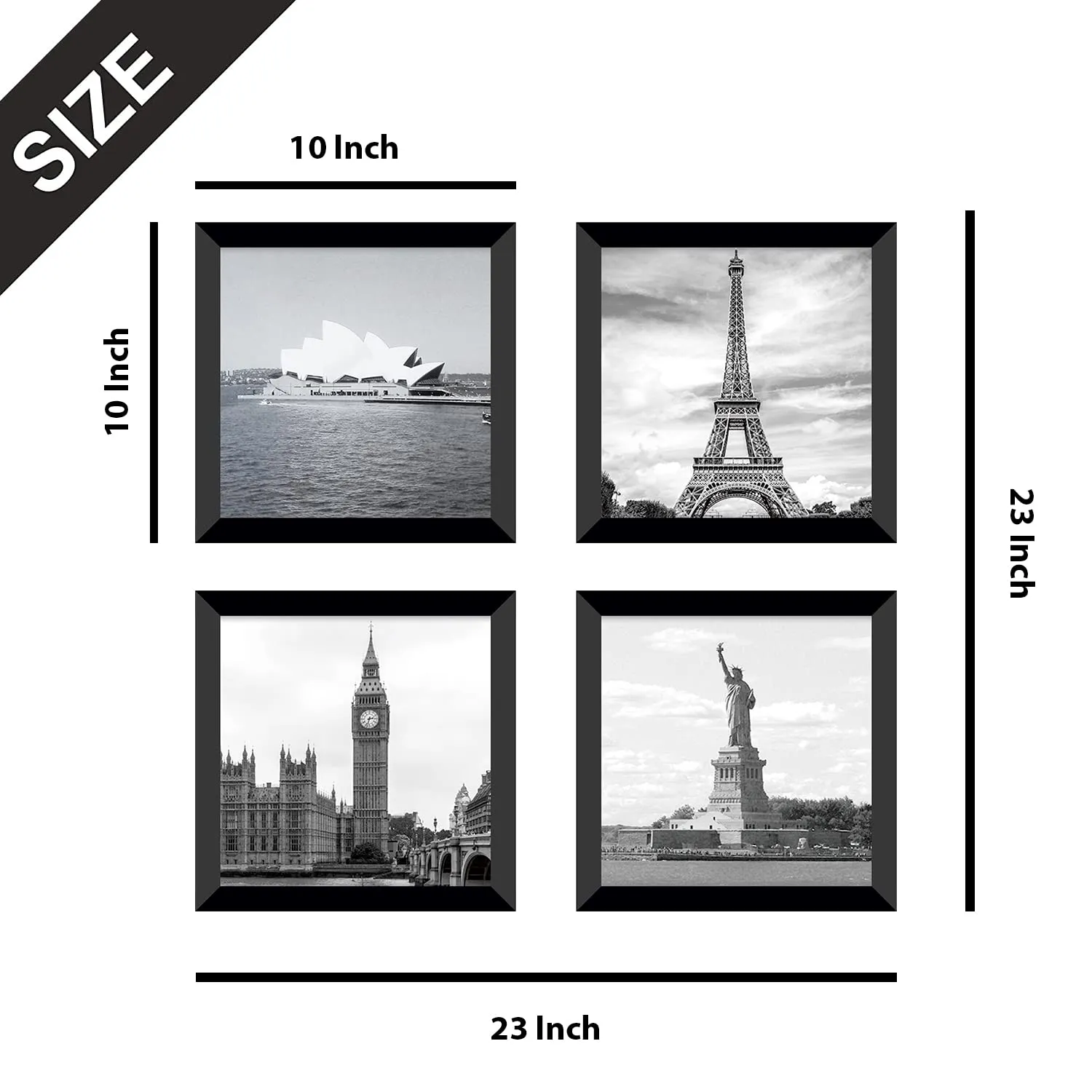 PAPER PLANE DESIGN Black and white wall art featuring iconic landmarks for living room, office, bedroom decor ((10"x 10"x 4 pcs Framed)