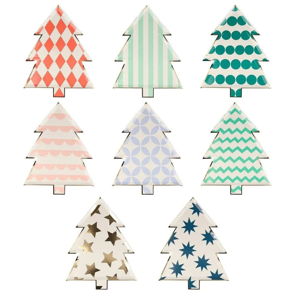 Patterned Christmas Tree Plates, Set of 8 Meri Meri Die-Cut Tree Paper Plates in Various Designs & Colors,  8" x 10"