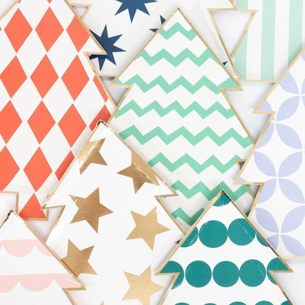 Patterned Christmas Tree Plates, Set of 8 Meri Meri Die-Cut Tree Paper Plates in Various Designs & Colors,  8" x 10"