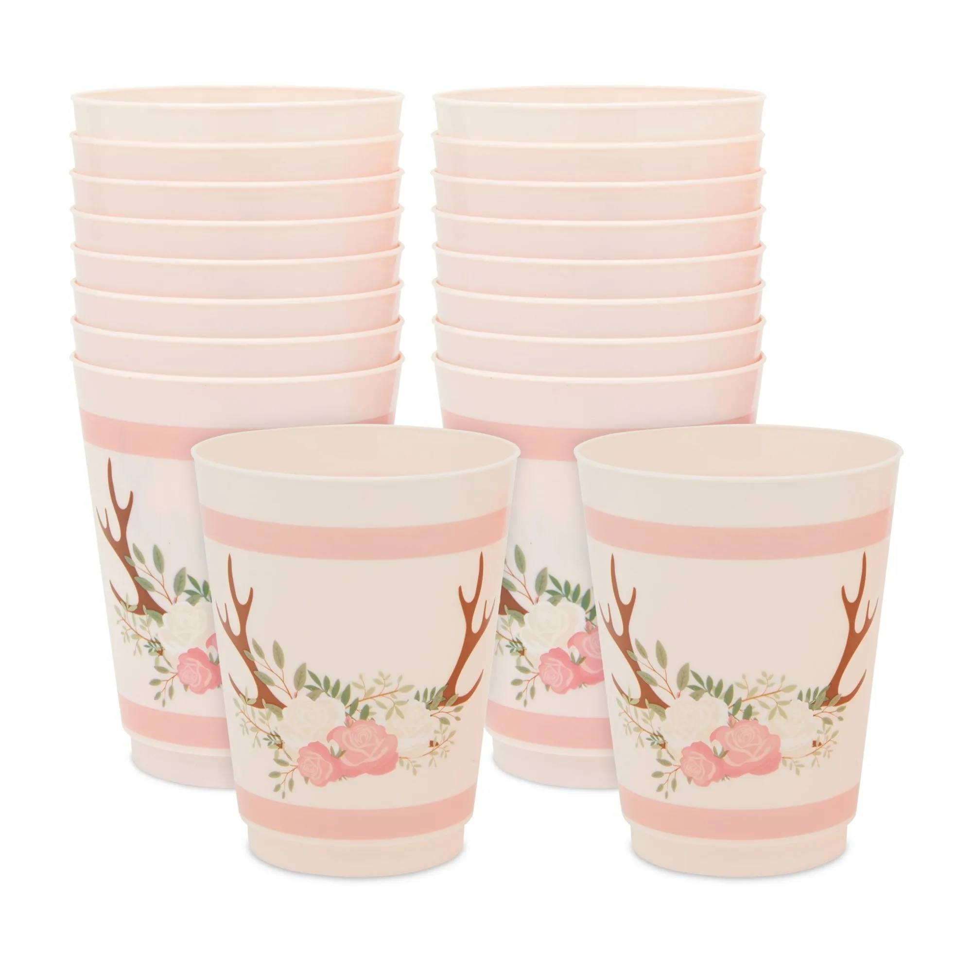 Pink Plastic Floral Tumbler Cups for Oh Deer Girl Baby Shower (16 oz, 16 Pack)