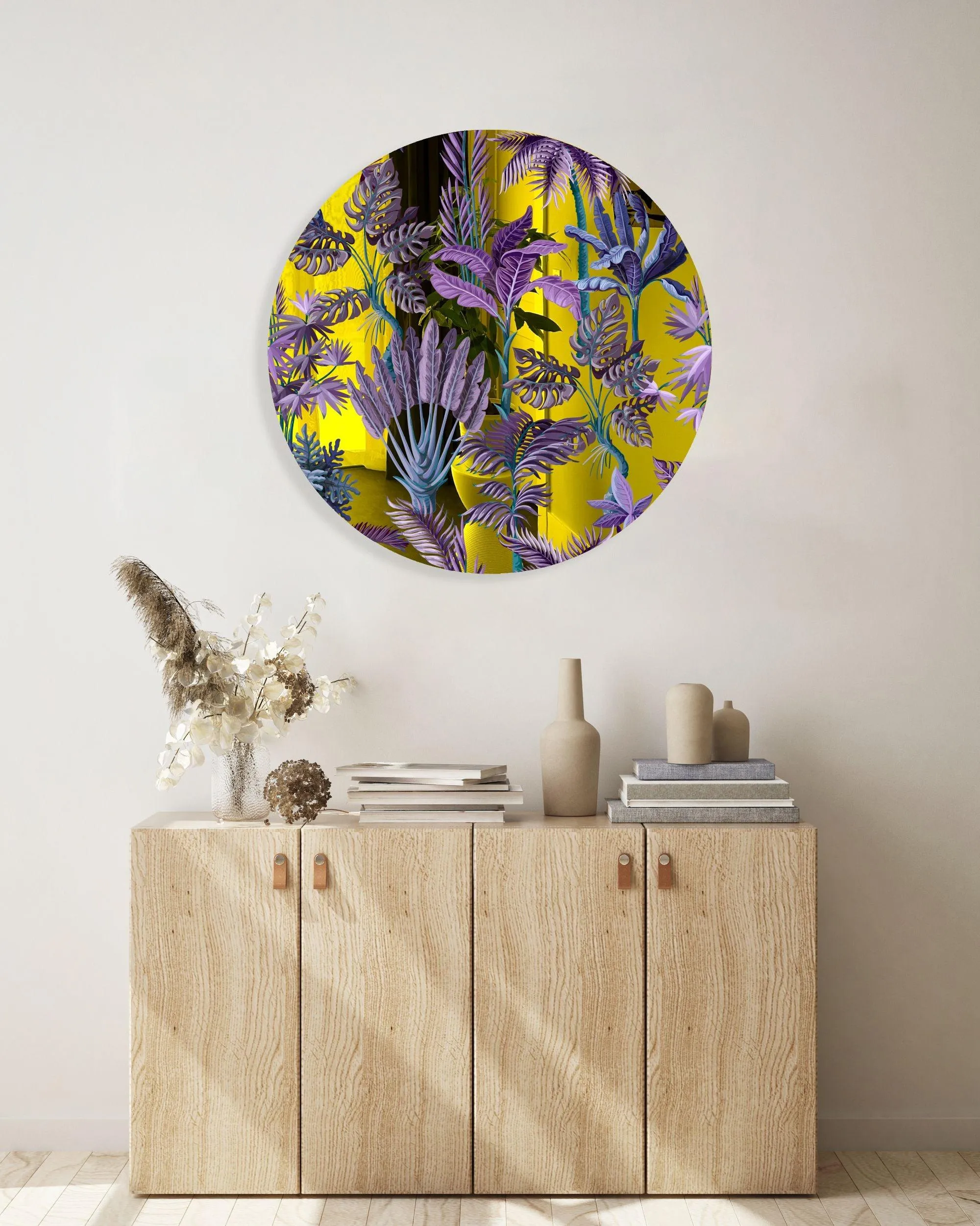 Purple Palm Leaves Printed Mirror Acrylic Circles