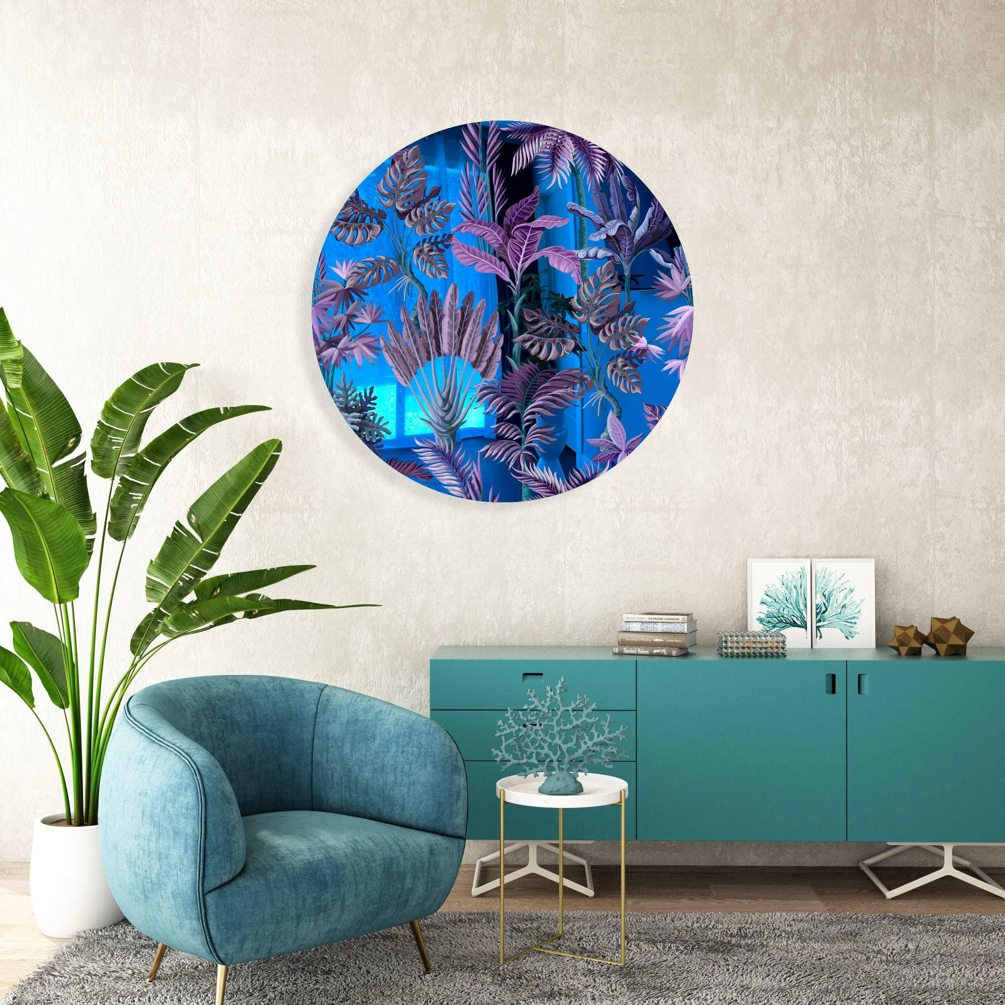 Purple Palm Leaves Printed Mirror Acrylic Circles