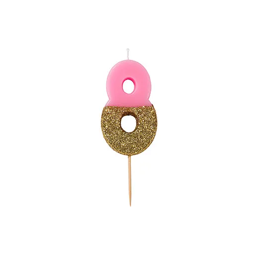 "We Heart Birthdays" Pink Glitter Number Candle -eight