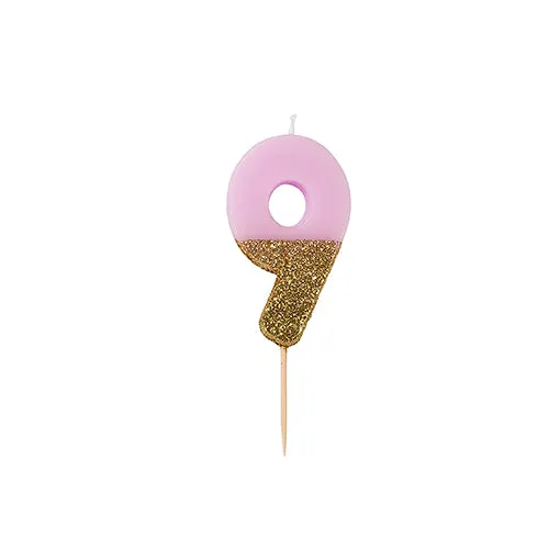 "We Heart Birthdays" Pink Glitter Number Candle - Nine