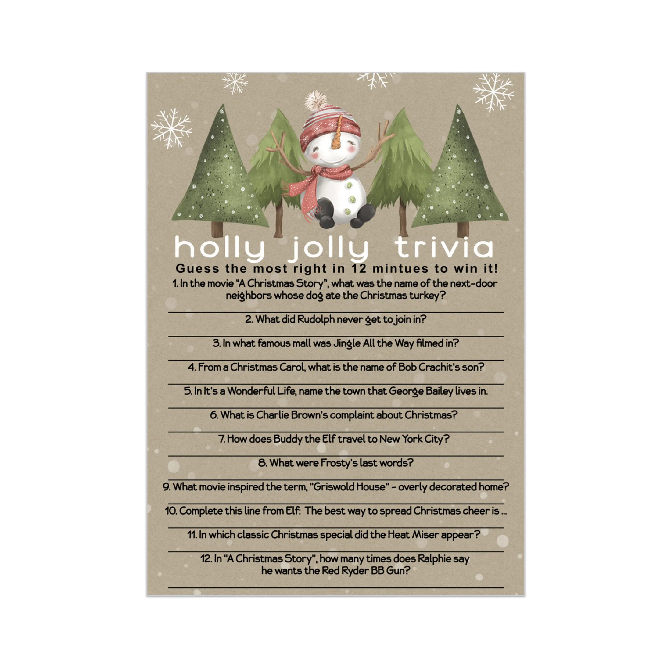 Snow Much Fun Trivia Game Holiday Party Activity with Movie and Song Questions for Adults, Office, Group, Rustic Thanksgiving, 5x7 Cards, 25 Pack, Version 3