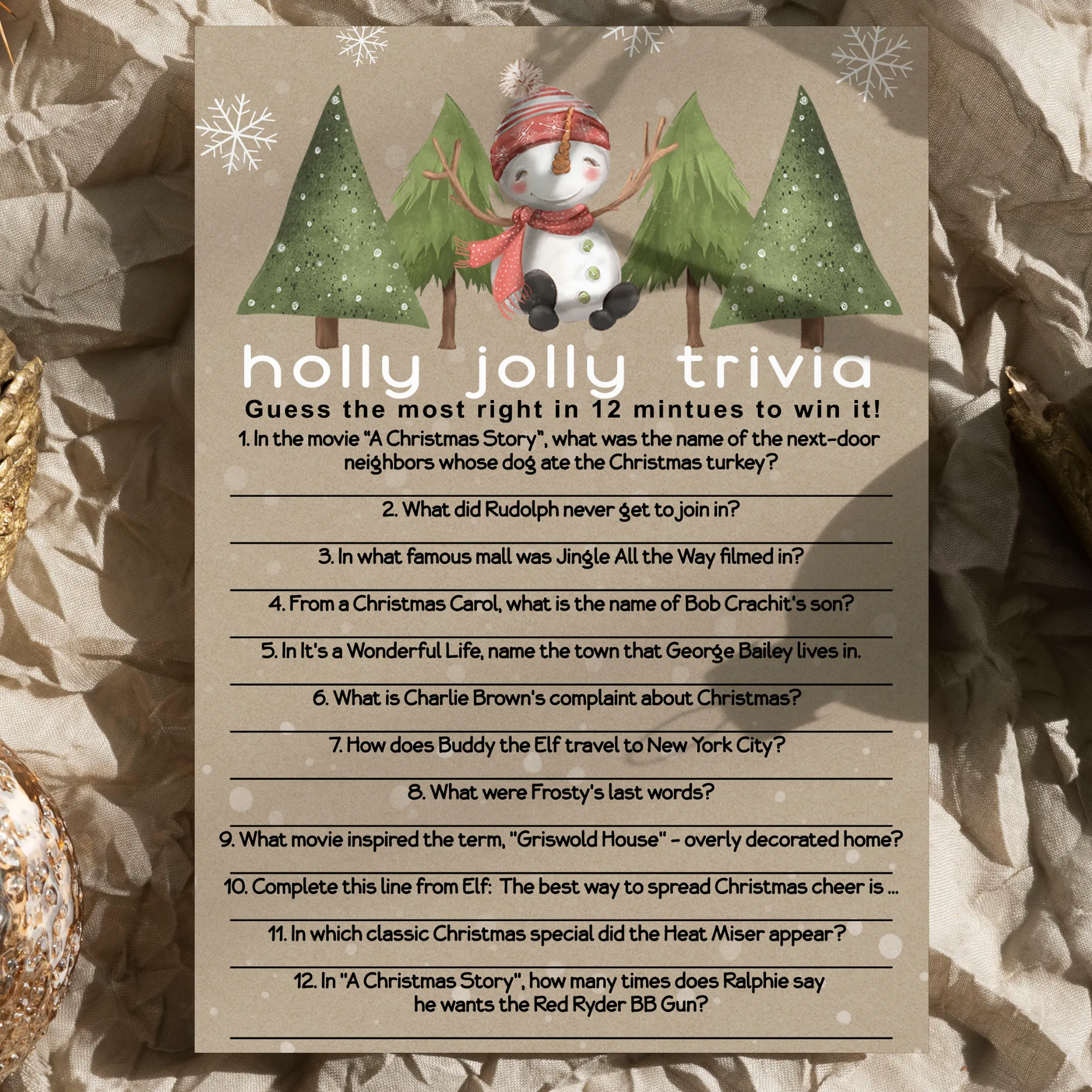 Snow Much Fun Trivia Game Holiday Party Activity with Movie and Song Questions for Adults, Office, Group, Rustic Thanksgiving, 5x7 Cards, 25 Pack, Version 3