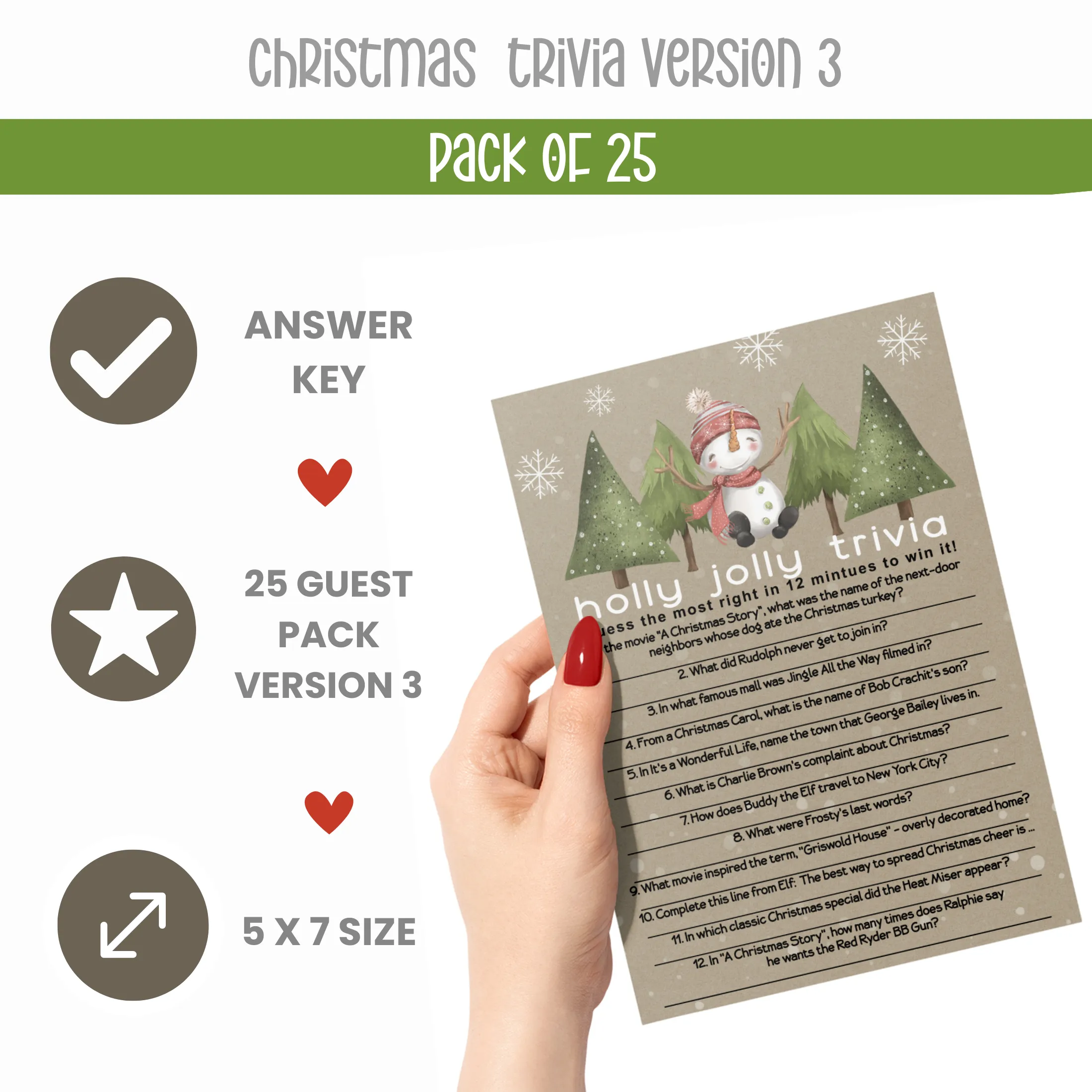 Snow Much Fun Trivia Game Holiday Party Activity with Movie and Song Questions for Adults, Office, Group, Rustic Thanksgiving, 5x7 Cards, 25 Pack, Version 3