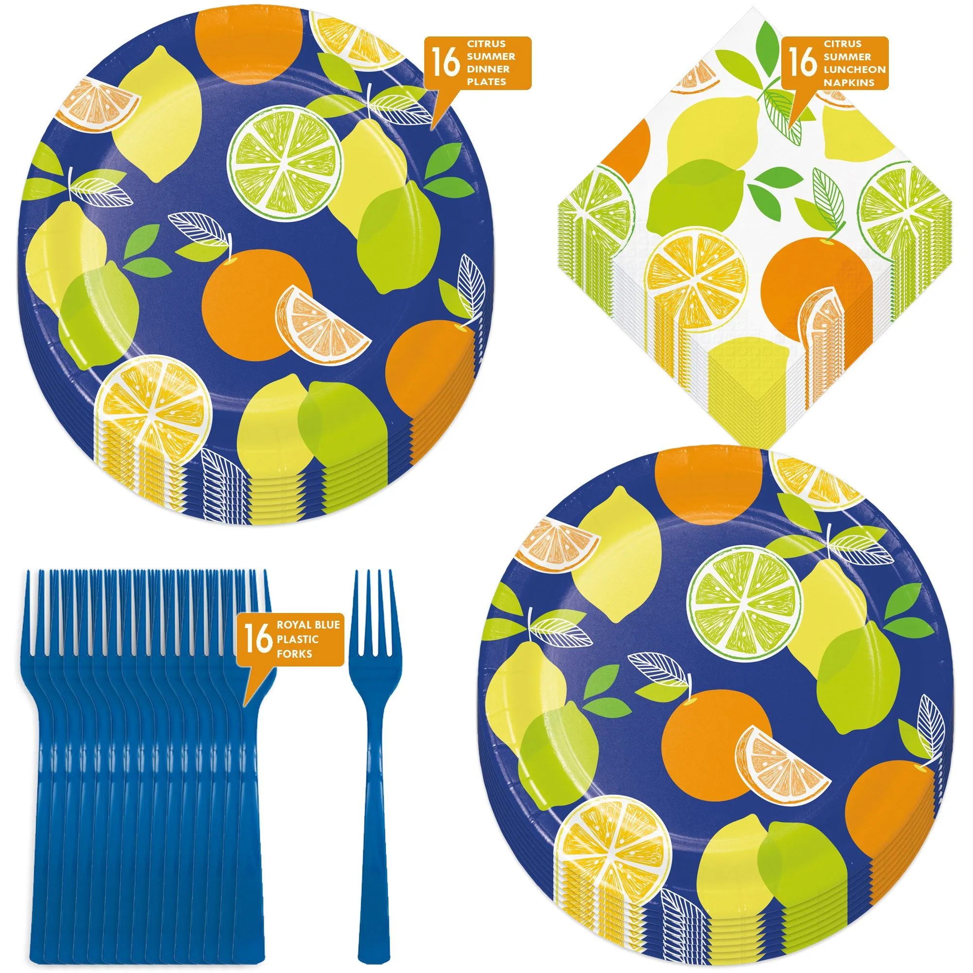 Summer Citrus Party Supplies - Lemon, Orange, and Lime Paper Dinner Plates, Lunch Napkins, and Forks (Serves 16)