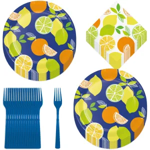 Summer Citrus Party Supplies - Lemon, Orange, and Lime Paper Dinner Plates, Lunch Napkins, and Forks (Serves 16)